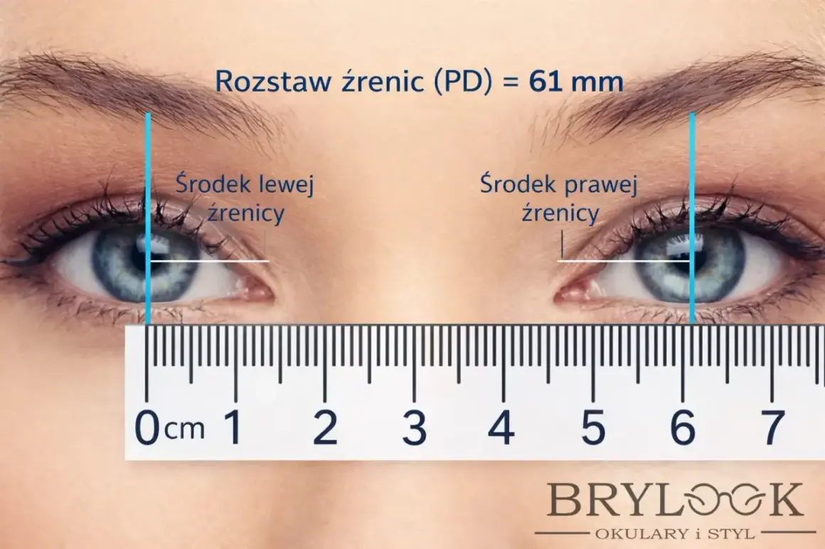 Pomiar rozstawu źrenic (PD) na zbliżeniu oczu. Linijka pokazuje 61 mm.