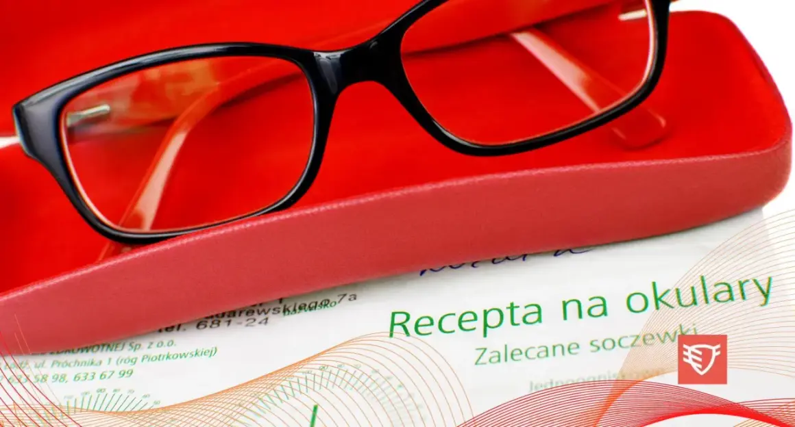 Okulary w etui i dokument z napisem "Recepta na okulary". Ważna recepta to klucz do dobrego widzenia.