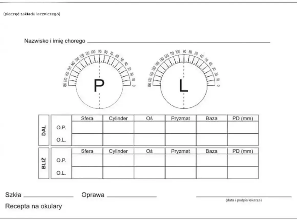 Formularz recepty na okulary z polami do wpisania danych, jak czytać oznaczenia na okularach: P (prawe oko), L (lewe oko), Sfera, Cylinder, Oś, Pryzmat, Baza, PD.