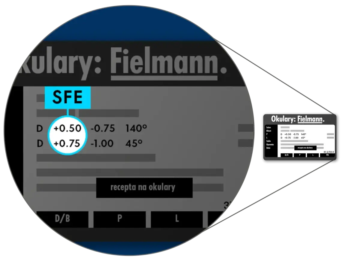 Wyniki testów na wzrok z salonu Fielmann: recepta na okulary z mocami +0.50 i +0.75.