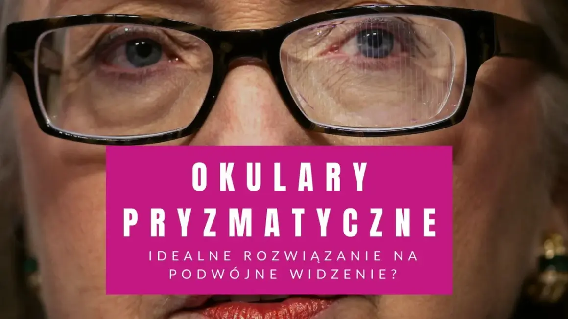Zbliżenie na twarz kobiety w okularach. Na soczewkach widoczny jest efekt pryzmatyczny, sugerujący rozwiązanie problemu podwójnego widzenia.