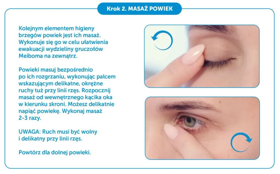 Delikatny masaż powiek, by udrożnić gruczoły Meiboma. Okrężne ruchy palcem wskazującym przy linii rzęs.