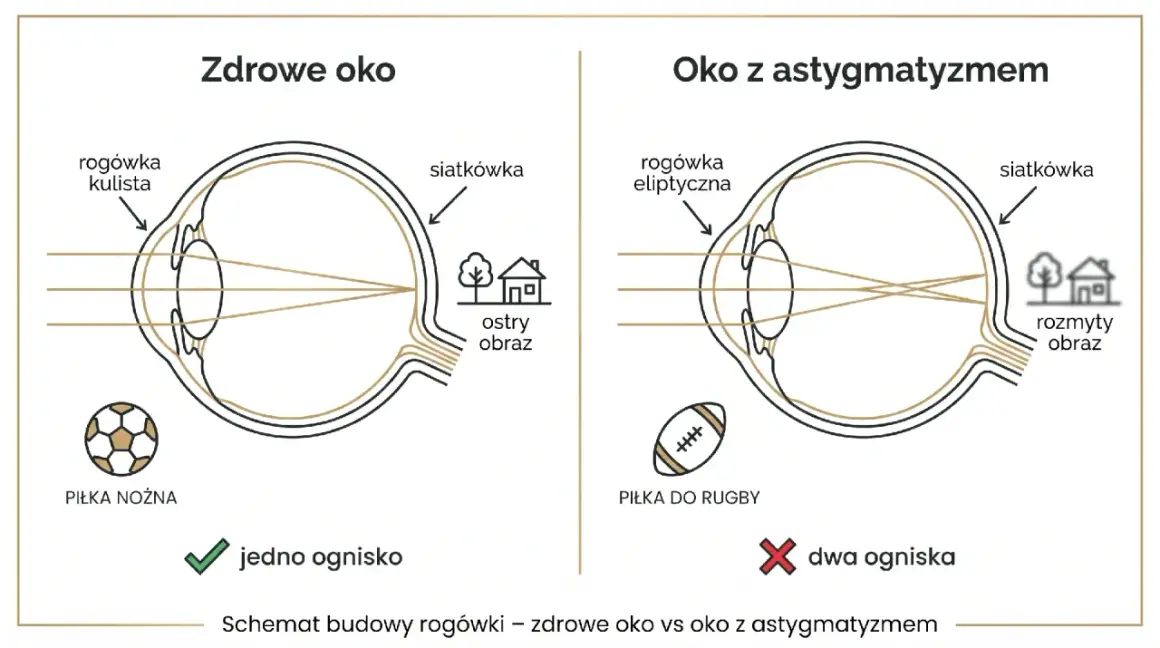 Zdrowe oko z kulistą rogówką skupia światło na siatkówce, dając ostry obraz piłki nożnej. Oko z astygmatyzmem i eliptyczną rogówką tworzy dwa ogniska, rozmywając obraz.