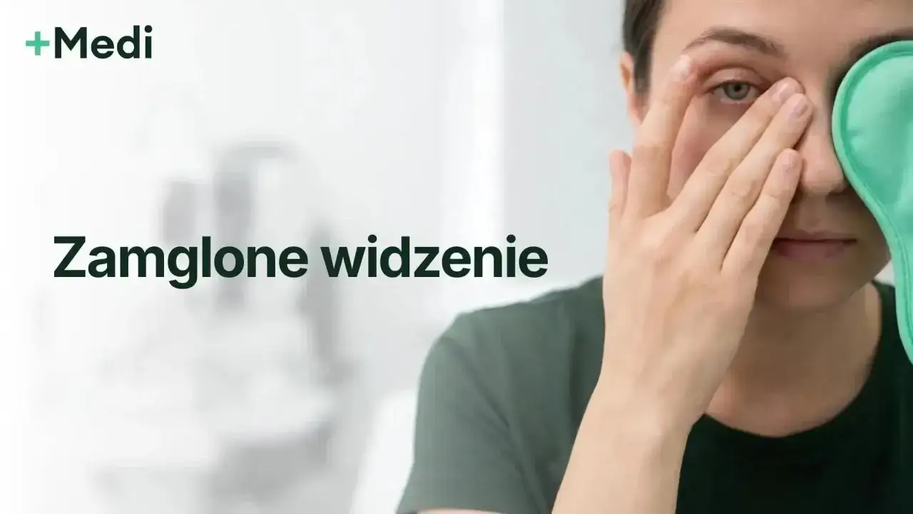 Kobieta z zasłoniętym zieloną opaską jednym okiem, zastanawia się, jakie są oczy zachodzą mgłą przyczyny.