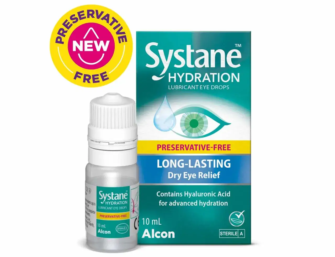 Systane Hydration – sztuczne łzy z kwasem hialuronowym dla zaawansowanego nawilżenia i długotrwałej ulgi w suchości oczu. Bez konserwantów.