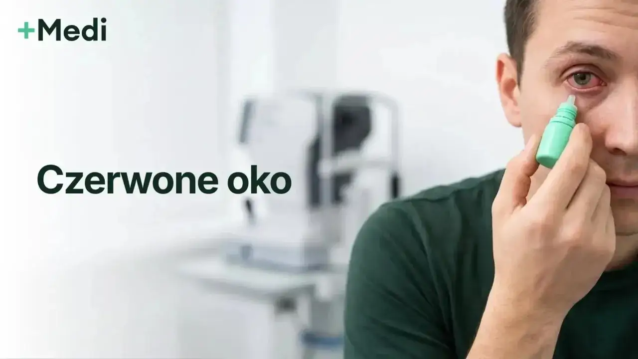 Mężczyzna z czerwonymi oczami po soczewkach zakrapla je kroplami. W tle gabinet okulistyczny.