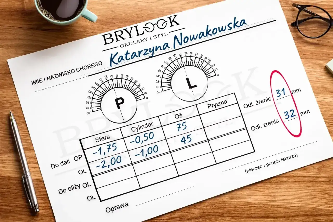Recepta okularowa Katarzyny Nowakowskiej z zaznaczoną wadą wzroku cylinder -0,50 i -1,00.