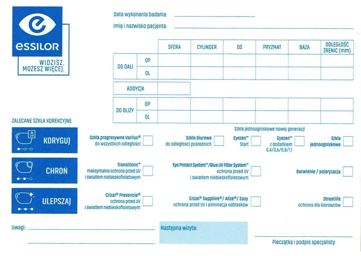 Formularz badania wzroku z polami na wpisanie dioptrii, określający ostrość wzroku i potrzebne korekcje.