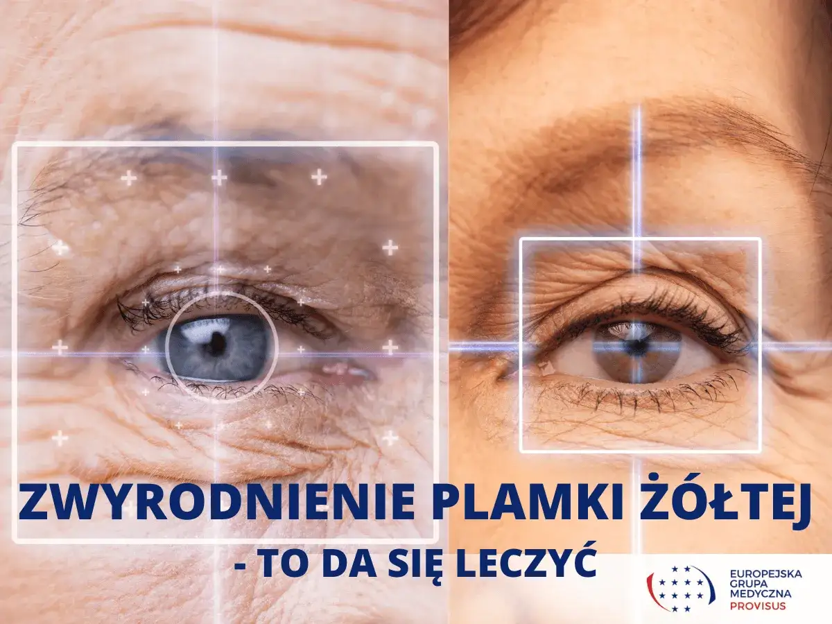 Zbliżenie na oczy starszych osób, jedno z widoczną żółtą plamką na oku na białku. Napis: 