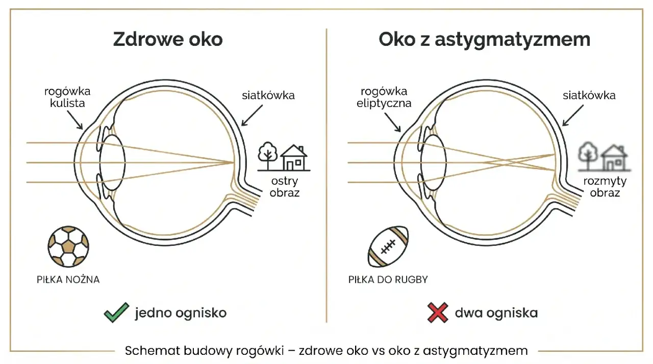Zdrowe oko z kulistą rog&oacute;wką skupia światło w jednym punkcie, dając ostry obraz. Oko z astygmatyzmem i eliptyczną rog&oacute;wką ma wadę wzroku plus i minus jednocześnie, tworząc dwa ogniska i rozmyty obraz.