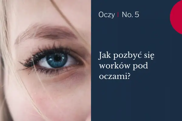 Zbliżenie na niebieskie oko z widocznymi workami tłuszczowymi pod oczami. Tekst: "Jak pozbyć się worków pod oczami?".