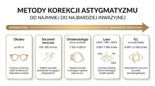 Metody korekcji astygmatyzmu: okulary, soczewki, ortok., laser, ICL. Co to addycja? To różne sposoby na poprawę wzroku, od najmniej do najbardziej inwazyjnych.