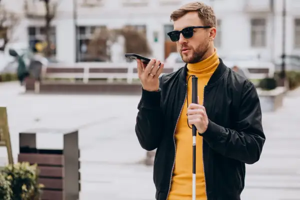 Mężczyzna w okularach, trzymający laskę i telefon, korzysta z technologii, która może być pomocna jak okulary dla niewidomych.