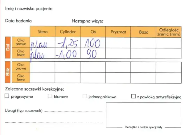Wyniki badania wzroku: sfera -1,25 i -1,00, cylinder -1,25 i -1,00.