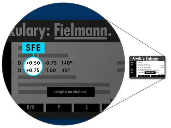 Wyniki testów na wzrok z salonu Fielmann: recepta na okulary z mocami +0.50 i +0.75.
