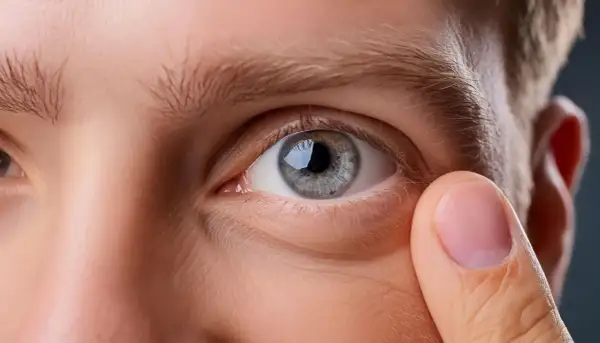 Zbliżenie oka, gdzie palec dotyka powieki. Może to być objaw drgania powieki związanego z hashimoto.